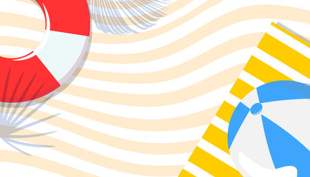 Striped towel with ball, lifebuoy, palm shadow, sandy texture, seaside vacation, retro summer  illustrationのイラスト素材