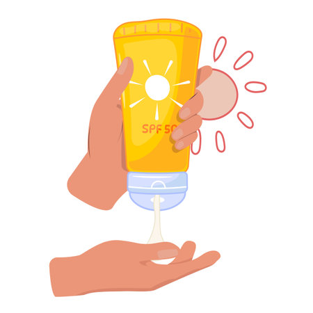 Hands applying SPF 50 sunscreen, summer skin care, daily protection, sunblock, wellness conceptのイラスト素材