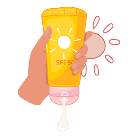 Hand holding SPF 50 sunscreen tube, protect skin, summer sun safety, body care, vector illustration, healthyのイラスト素材