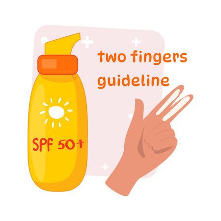 Two fingers sunscreen guideline, SPF 50 bottle, hand, health care, sunburn protection, cartoonのイラスト素材