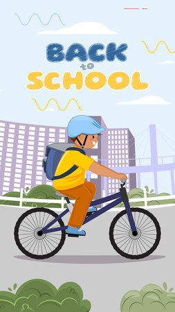 Back to school boy riding bicycle, helmet, city background, backpack, modern education banner, cartoon artのイラスト素材
