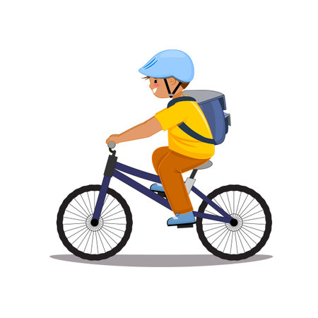 Schoolboy cycling, blue helmet, backpack, yellow shirt, urban commute, healthy kids active transport, cartoonのイラスト素材