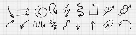 Hand drawn arrow set vector on grid. Various sketch arrow icons, curved, zigzag, bold, thin, dashed, isolated artのイラスト素材