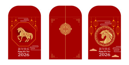 Red envelope with gold horse, lanterns, Chinese cloud pattern, Happy New Year 2026, traditional festive card. Chinese text meaning happy new yearのイラスト素材