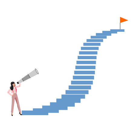 Woman looking at staircase, success journey, career growth, achievement, goal flag, business illustrationのイラスト素材