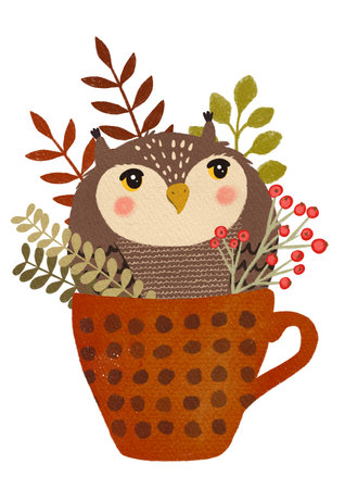 Cute owl sitting in a cup with autumn bouquetの写真素材