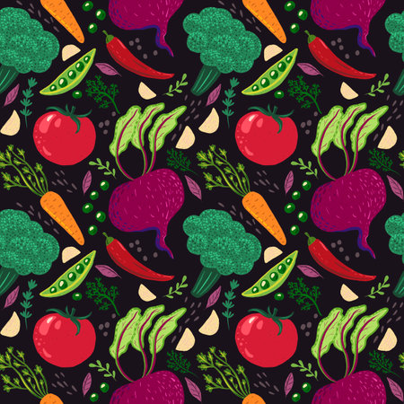 Vegetables pattern with tomatoes, carrots, broccoli, peas, beets and leaves on a dark backgroundの写真素材