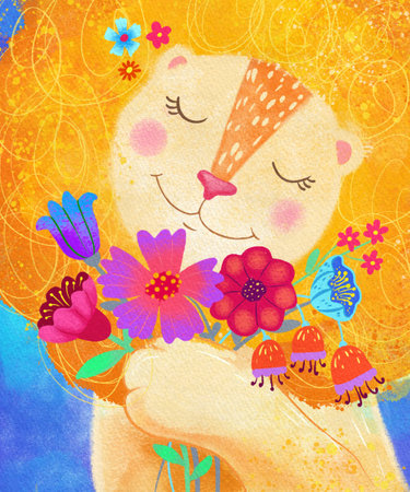A romantic lion with a lush mane holds a bouquet of colorful flowersの写真素材