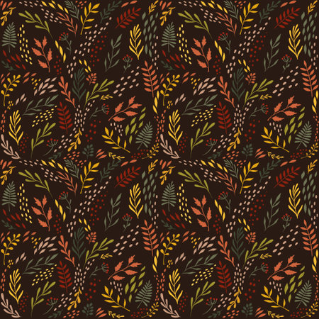 Hand drawn seamless pattern with orange, yellow and green autumn leaves and branches on a dark background. Hand drawn autumn background with orange, yellow and green leaves and branches.の写真素材