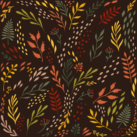 Hand drawn pattern of autumn plants on a brown background. Autumn leaves, leaf fall.の写真素材