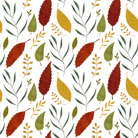 Hand drawn seamless pattern with orange, yellow and green autumn leaves and branches on a white background.の写真素材