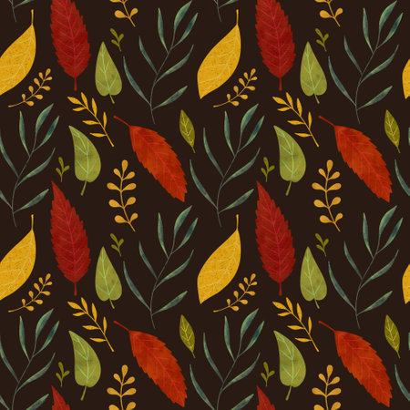 Hand drawn pattern of autumn plants on a brown background. Autumn leaves, leaf fall.の写真素材