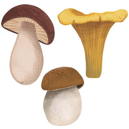 Set of hand drawn textured three mushrooms Modern bright style.の写真素材