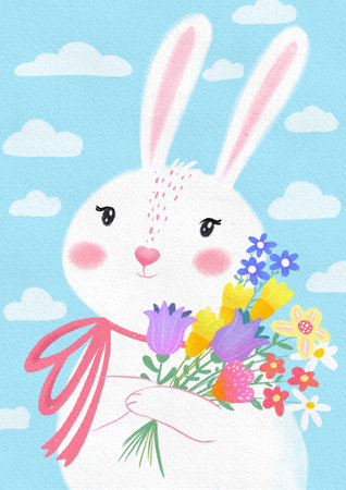 White little smiling girl bunny with a flower bouquet on a blue cloudy backgroundの写真素材