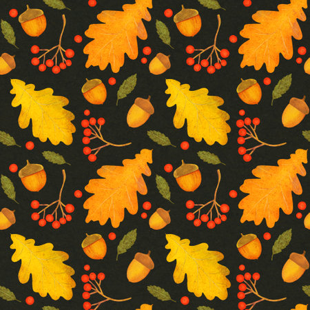 Hand drawn pattern of autumn leaves, berries and acorns on a dark green background. Autumn leaves, leaf fall. Modern bright style.の写真素材