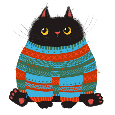 Cartoon black cat drawing. Cute black fluffy cat sitting in a striped sweaterの写真素材