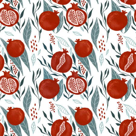 Hand drawn seamless pattern with red pomegranates and green leaves on a white background.の写真素材