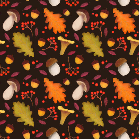 Hand drawn pattern of autumn plants, leaves and mushrooms on a dark brown background. Autumn leaves, leaf fall. Modern bright style.の写真素材