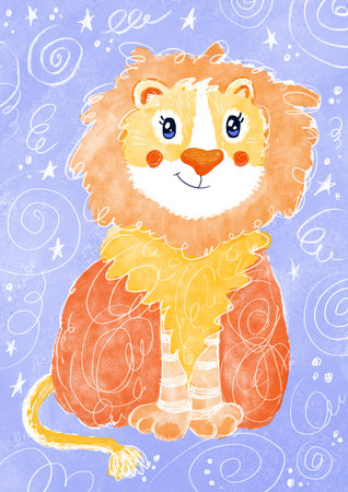 cute cartoon smiling orange lion on purple starry background.の写真素材