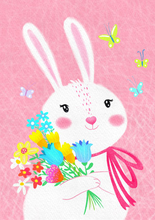 White little smiling girl bunny with a flower bouquet on a pink background with butterflies.の写真素材