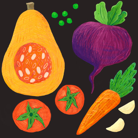 Vegetables set of tomatoes, carrot, pumpkin, peas, beet, garlic on a dark backgroundの写真素材