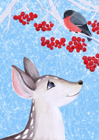 Painting of a spotted deer in the forest with a bullfinch bird on the branch and red rowanの写真素材