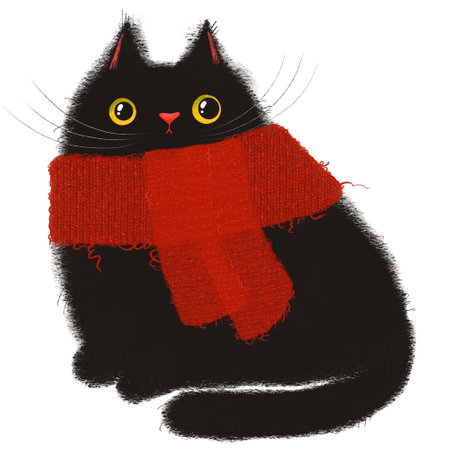 Cartoon black cat drawing. Cute black fluffy cat sitting in a red scarfの写真素材