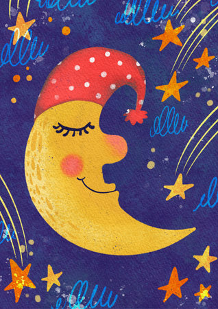 Sleeping moon, stars and clouds cartoon on blue background.の写真素材