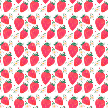 Watercolor pattern with strawberries and flowers on a white background