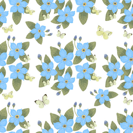 Beautiful Forget-me-not flowers pattern. Watercolor. Floral seamless pattern.の写真素材