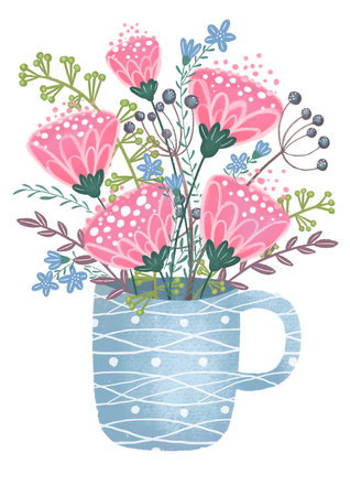 Chic tea cup design with rose flowers and vintage leaves.の写真素材