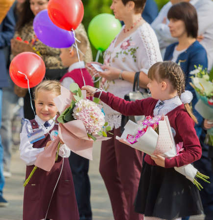 Minsk, Belarus - September 1, 2018 First-graders and their parents are at a solemn meeting devoted to to the Knowledge Dayのeditorial素材