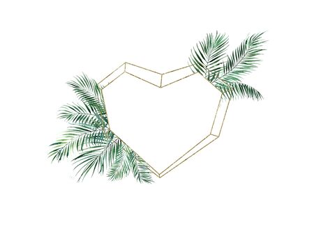Golden framed heart geometry and palm leaves.の写真素材