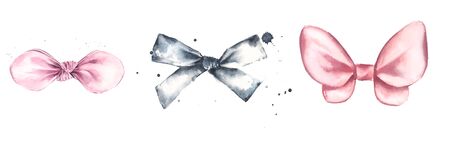 Set of watercolor illustrations of cute textile bow headband for little girl. Create logo designs or prints for girls.の写真素材