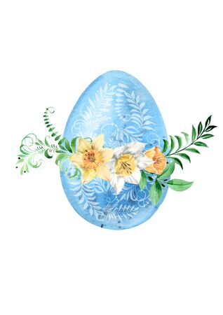 Watercolor illustration of a blue easter egg with a wreath of daffodil flowers and spring greens.の写真素材
