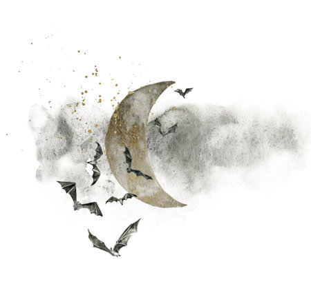 Gothic print. Watercolor moon, bats and dark clouds. Vintage poster.の写真素材