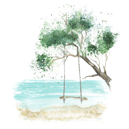 Summer illustration of a swing on a tree, tropical print. Watercolor poster.の写真素材