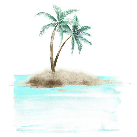An island with palm trees in the sea, watercolor illustration. Summer time print.の写真素材