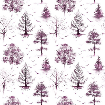 Seamless dark pattern, purple trees and birds. watercolor tree.