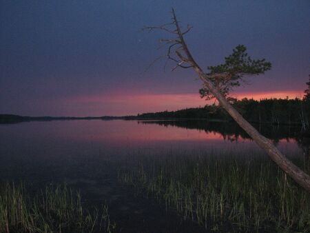 night view of the dark lake and the sky painted in the maroon colors of the sunsetの写真素材