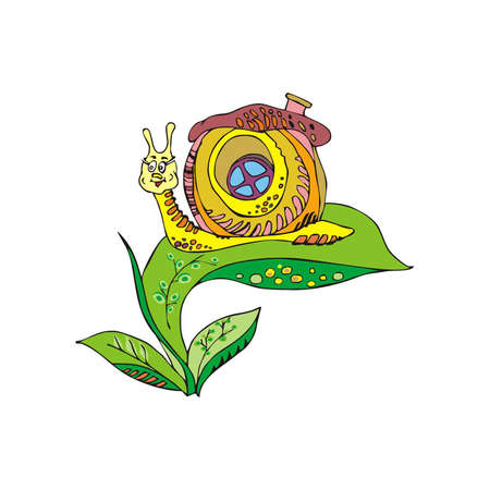  Snail on a green leaf on a white backgroundのイラスト素材