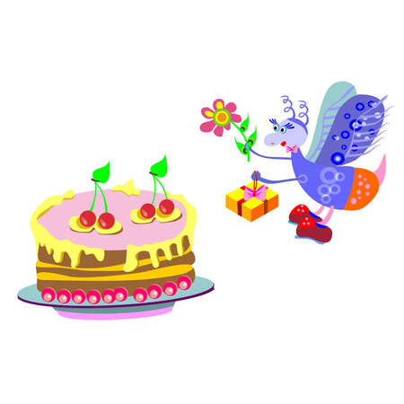 cake and a gift from a fly on a white backgroundのイラスト素材