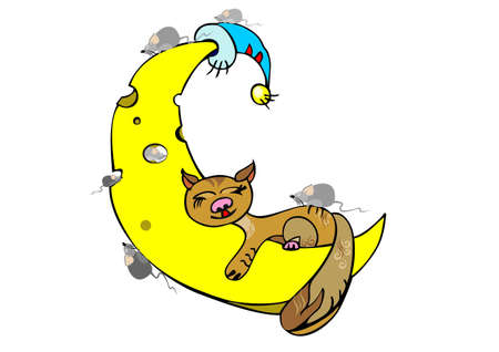 ginger cat sleeping on the moon on a white backgroundのイラスト素材