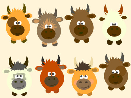 Set of animals. Multi-colored individual cows and bulls. Year of the bull. Vector for illustration.のイラスト素材