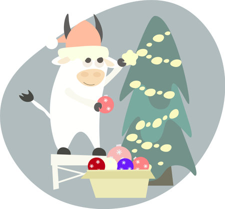 White bull decorating the Christmas tree. Vector for New Year cards, illustrations.のイラスト素材