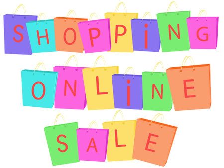 Inscription on colored shopping bags. Online sales and shopping.のイラスト素材