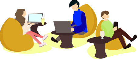 Guys and a girl are sitting on a pouf talking, working remotely, three isolated pictures.のイラスト素材