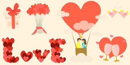 Set of isolated images for Valentine's Day. Hot air balloon couple.のイラスト素材