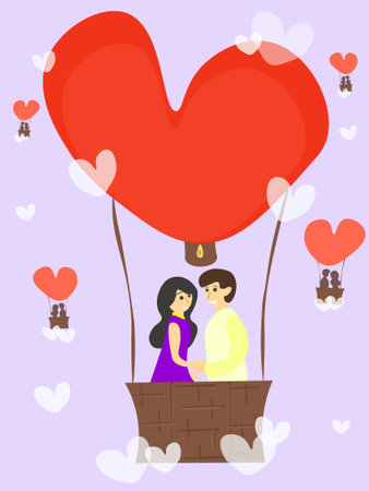 Couple flying in a heart-shaped balloon.のイラスト素材