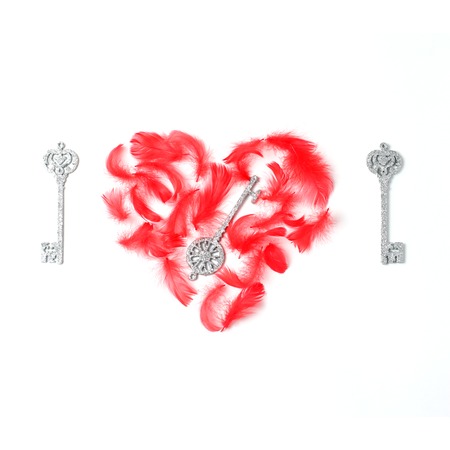 Concept for Valentine's Day. heart lined with red feathers and a silver key. Flat lay, top view, creative layout, squareの写真素材